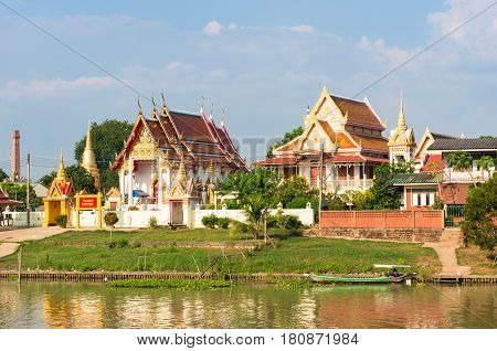 Wat Mondop Buddhist Temple At Chao Phraya River Bank