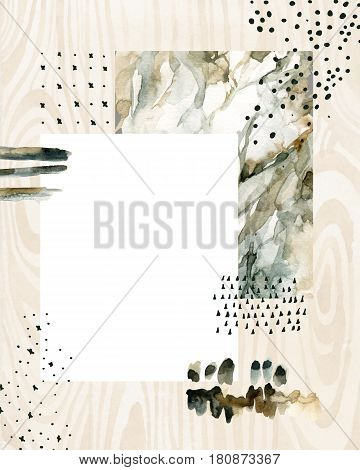 Abstract watercolor background with brush strokes doodles marbling grained grunge paper textures. Water color marble painting. Hand painted illustration in minimal style