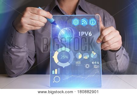 Business, Technology, Internet And Network Concept. Young Businessman Working On A Virtual Screen Of