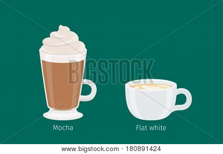 Mocha and Flat White coffee with foam in cups on emerald background with name text under each. Kinds of American and Australian coffee. Minimalist vector illustration for coffee shops and cafes.