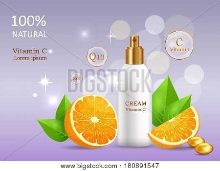 Natural cream enriched vitamins in glossy tube near sliced oranges, leaves and gold pebble vector banner. Cosmetic skincare product illustration on gradient background with sparkles and bokeh lights