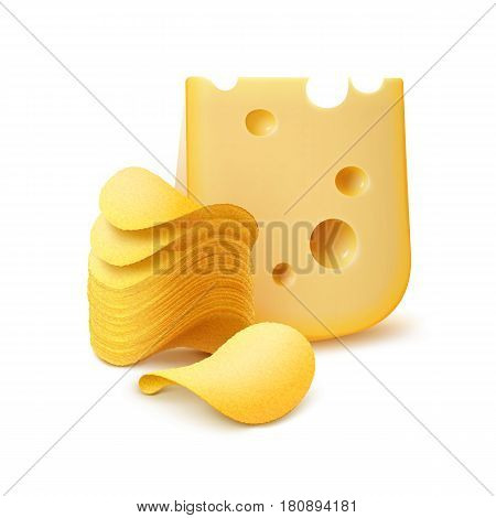 Vector Potato Crispy Chips Stack with Cheese Close up Isolated on White Background
