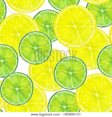 Watercolor seamless texture with slices of lemon and lime on white background