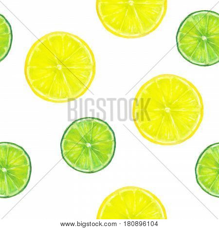 Watercolor seamless texture with slices of lemon and lime on white background