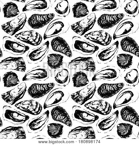 Watercolor black and white hand made oysters seamless pattern