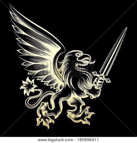 Golden heraldy gryphon with sword on black background. Vector illustration