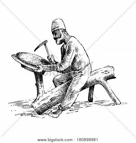 minter or coiner at work, old arabic man doing cooper engraving on vase or dish, plate hand drawn illustrtation. profession ancient.