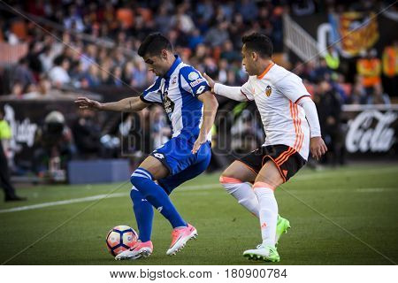 VALENCIA, SPAIN - APRIL 2: Juanfran with ball during La Liga match between Valencia CF and Deportivo at Mestalla Stadium on April 2, 2017 in Valencia, Spain