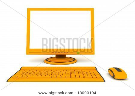 Modern Work Desk With Screen, Keyboard And Mouse - Orange And Black