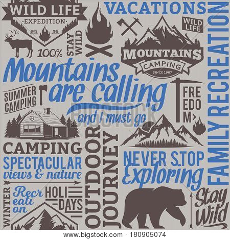 Typographic Vector Mountain And Outdoor Adventures Seamless Pattern Or Background