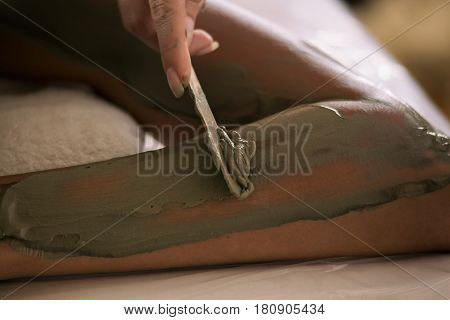 Closeup of mud mask applying Luxury treatment.