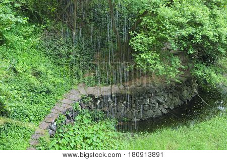 Water trickling down from Water Curtain Cave within the Wuyishan or Mount wuyi scenic area in Wuyi China in fujian province.