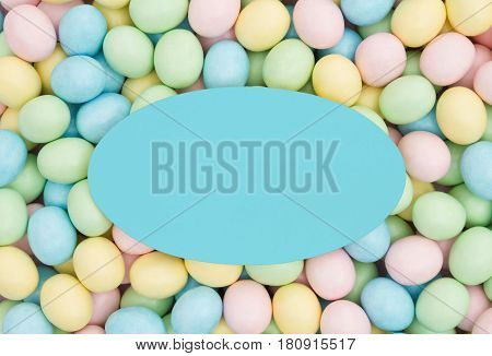 Old fashion Easter greeting card Retro Easter eggs candy with teal blank card for your message