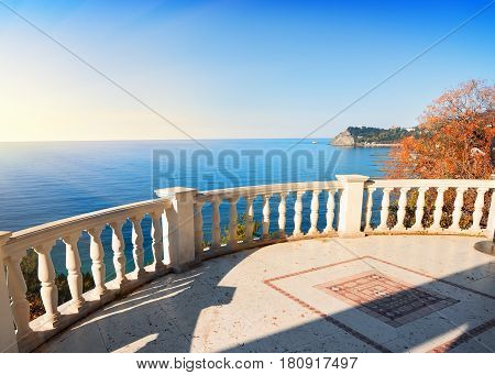 Observation deck over the sea in sunny autumn day