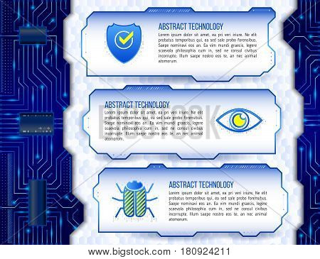 Abstract futuristic circuit background. High computer technology concept with shield eye and hacker bug. Internet security data. Computer system privacy.
