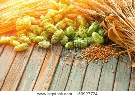 Green hops malt ears of barley and wheat grain ingredients to make beer and bread agricultural background