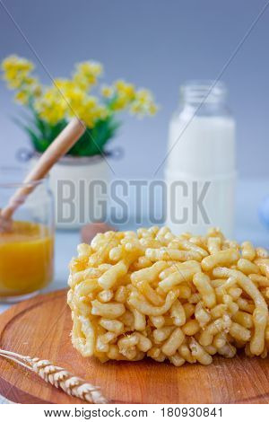 Sweet Asian Cake Chak-chak With Honey On Wooden Board.