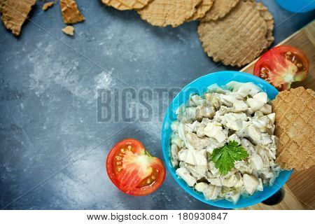 Fried eggplant and egg mixed salad top view