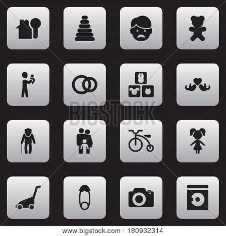 Set Of 16 Editable Kin Icons. Includes Symbols Such As Hoop, Grass Cutting Machine, Dad And More. Can Be Used For Web, Mobile, UI And Infographic Design.