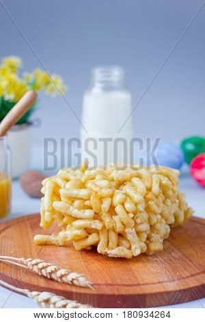 Sweet Asian Cake Chak-chak With Honey On Wooden Board.