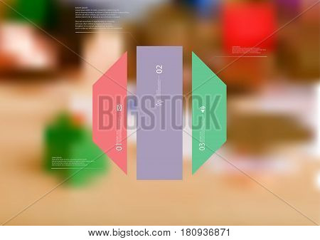 Illustration infographic template with motif of octagon vertically divided to three standalone color sections. Blurred photo with financial motif with coins and money is used as background.