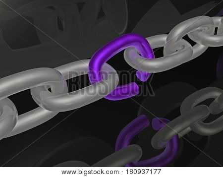 Grey chain with blue link black background 3D illustration.