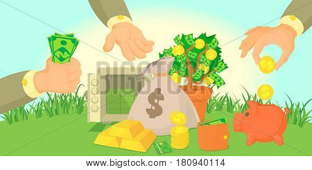 Money types horizontal banner concept. Cartoon illustration of money types vector horizontal banner for web