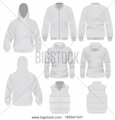 Warm clothes mockup set. Realistic illustration of 8 warm clothes mockups for web
