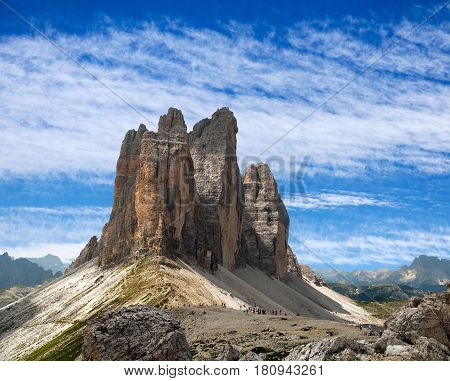 View of Drei Zinnen or Tre Cime di Lavaredo with beautiful cloud on sky Sextener Dolomiten or Dolomiti di Sesto South Tirol Dolomites mountains Italien Alps