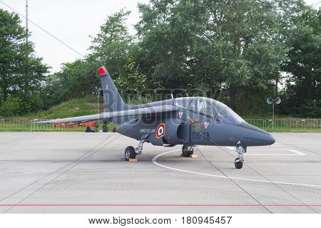 LEEUWARDEN NETHERLANDS - JUNE 10 2016: parked dassault-dornier alpha jet fighter at the dutch air force open days