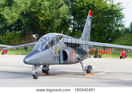 LEEUWARDEN NETHERLANDS - JUNE 10 2016: parked dassault-dornier alpha jet fighter at the dutch air force open days