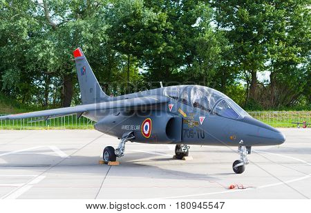 LEEUWARDEN NETHERLANDS - JUNE 10 2016: parked dassault-dornier alpha jet fighter at the dutch air force open days