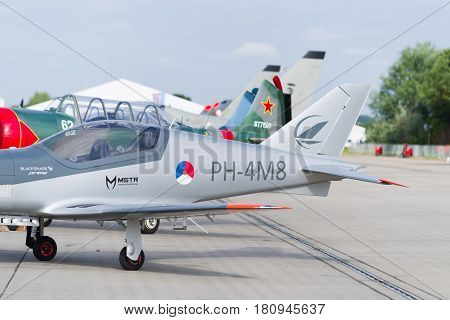 LEEUWARDEN NETHERLANDS - JUNE 6 2016: Blackshape Prime BS-100 ultralight aircraft at the Royal Dutch Air Force open days. The aircraft first flew in 2007