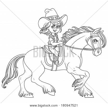 Cute Little Girl In A Cowboy Suit Riding A Horse Outlined Isolated On A White Background