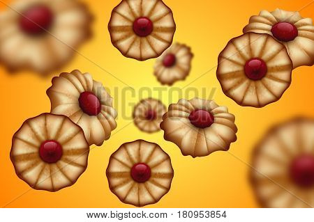 Buttery cookies with red jam orange and yellow background. Defocused cookies elements.
