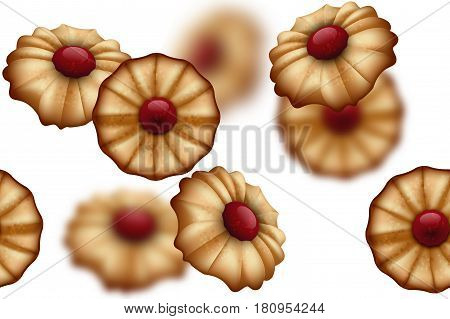 Buttery cookies with red jam seamless background isolated on white. Defocused cookies elements.