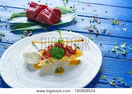 Steak Tartare with mustard ice-cream and airbag starter Tartar recipe