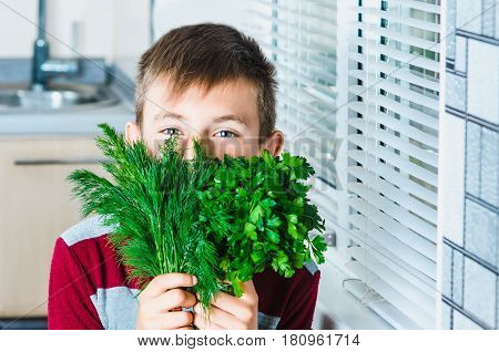 The Child In The Kitchen With Herbs
