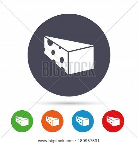 Cheese sign icon. Slice of cheese symbol. Triangle cheese with holes. Round colourful buttons with flat icons. Vector