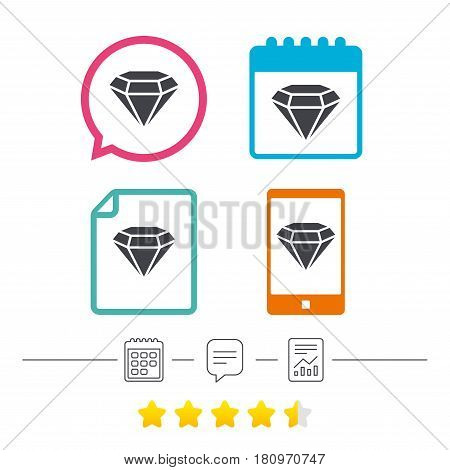 Diamond sign icon. Jewelry symbol. Gem stone. Calendar, chat speech bubble and report linear icons. Star vote ranking. Vector