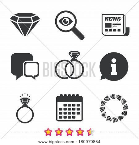 Rings icons. Jewelry with shine diamond signs. Wedding or engagement symbols. Newspaper, information and calendar icons. Investigate magnifier, chat symbol. Vector