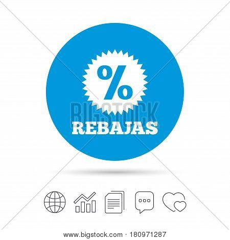 Rebajas - Discounts in Spain sign icon. Star with percentage symbol. Copy files, chat speech bubble and chart web icons. Vector