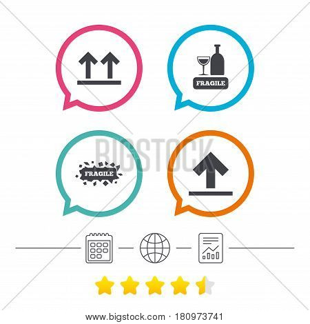 Fragile icons. Delicate package delivery signs. This side up arrows symbol. Calendar, internet globe and report linear icons. Star vote ranking. Vector