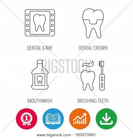 Dental crown, x-ray and brushing teeth icons. Mouthwash linear sign. Award medal, growth chart and opened book web icons. Download arrow. Vector