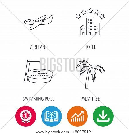 Swimming pool, airplane and palm tree icons. Hotel linear sign. Award medal, growth chart and opened book web icons. Download arrow. Vector