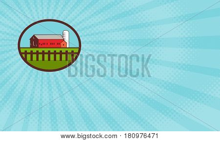 Business card showing Illustration of a farm house barn and silo with fence set inside oval shape done in retro style.