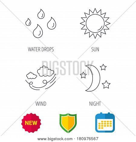 Weather, sun and wind icons. Moon night linear sign. Shield protection, calendar and new tag web icons. Vector