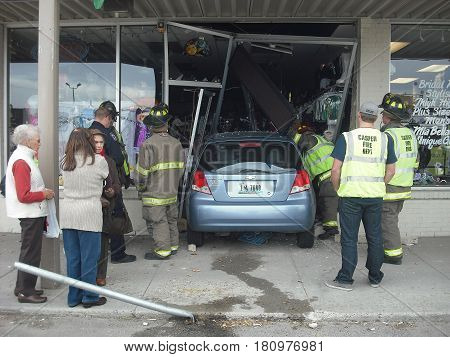 OCTOBER 2, 2013. CASPER, WY.  CIRCA:  Old female driver was confused and drove her car into a store in the shopping mall.