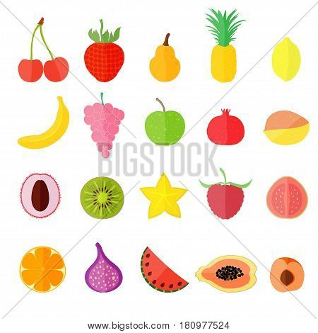 Set with Various Fruits such as cherry and banana, grape and apple, pomegranate and mango, lychee and kiwi, carambole and raspberry, guava and orange, fig and watermelon, papaya and apricot.