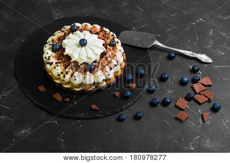 Chocolate-berry Savoyardi Ice-cream cake torte. Ingredients for blueberry ice cream cake torte and chocolate pieces. Dark black background.